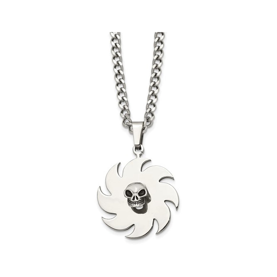Stainless Steel Polished Skull on Saw Blade Pendant Necklace with Chain (24 Inches) Image 1