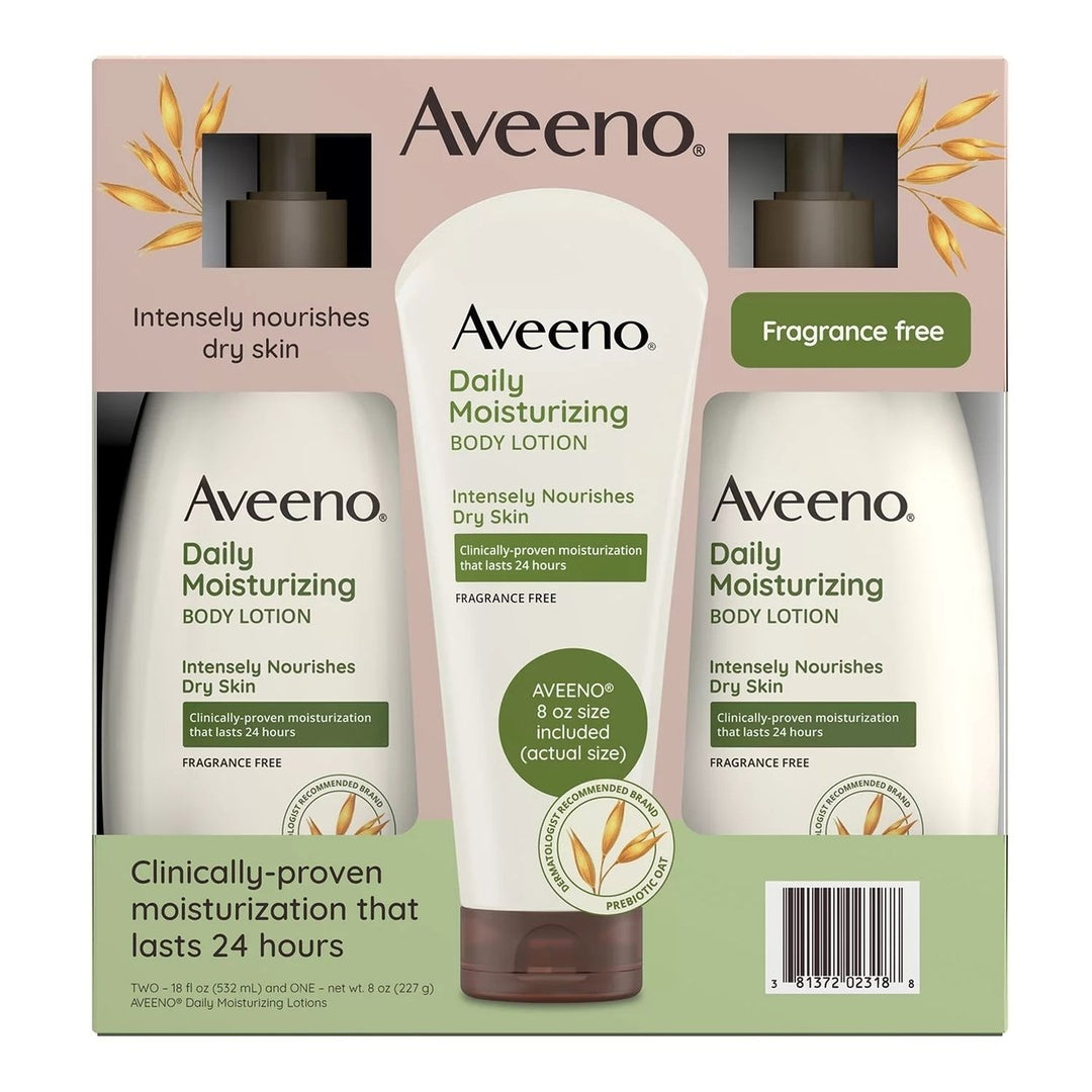 Aveeno Daily Moisturizing Body Lotion 18 Fluid Ounce (Pack of 2) + 8 Ounce Tube Image 1