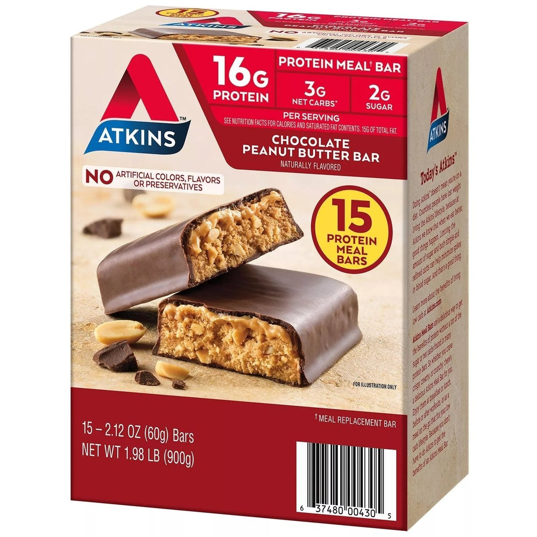 Atkins Chocolate Peanut Butter Meal Bars High Fiber 16g of Protein (15 Count) Image 3