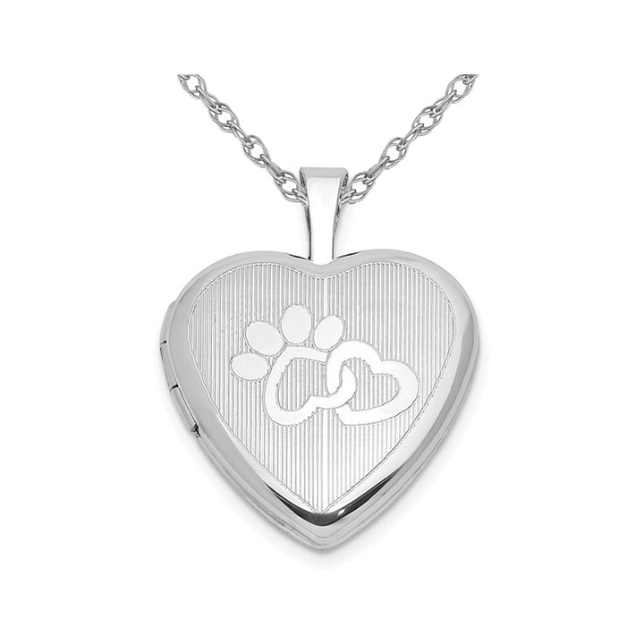Sterling Silver Paw Prints with Heart Locket Pendant Necklace with Chain Image 1
