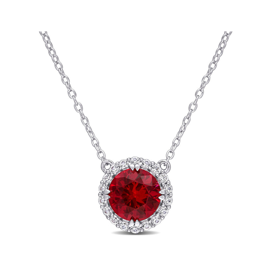 2.76 Carat (ctw) Lab-Created Ruby and White Sapphire Halo Pendant Necklace in Sterling Silver with Chain Image 1