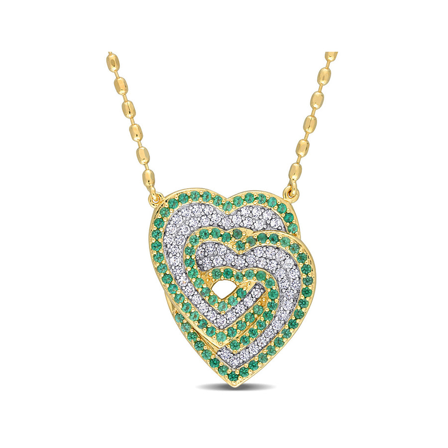 1.40 Carat (ctw) Lab-Created Emerald and White Sapphire Heart Pendant Necklace in Yellow Sterling Silver with chain Image 1