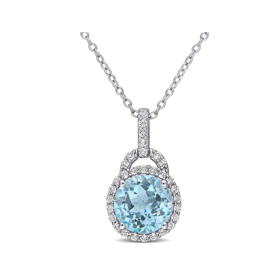 3.96 Carat (ctw) White and Blue Topaz Halo Pendant Necklace in Sterling Silver With Chain Image 1