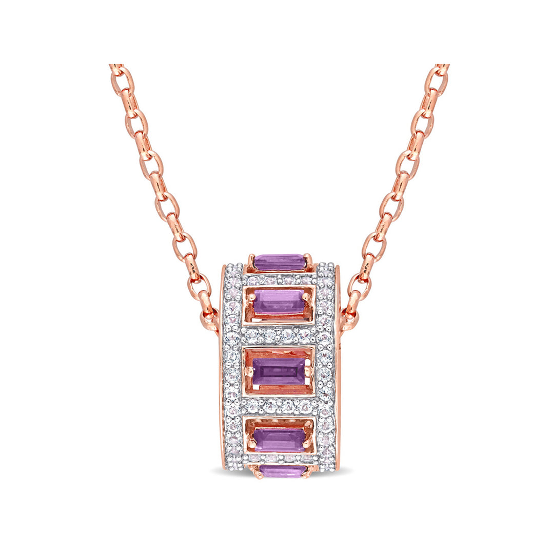 2.14 Carat (ctw) African Amethyst and White Topaz Spinner Pendant Necklace in Rose Plated Sterling Silver with Chain Image 1