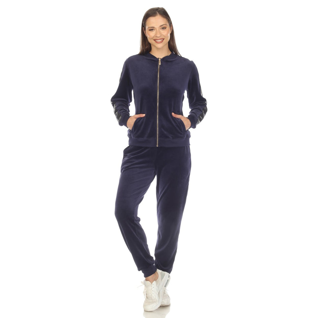 White Mark Womens Velour Tracksuit Set Faux Leather Stripe 2-Piece Comfort Fit Image 2