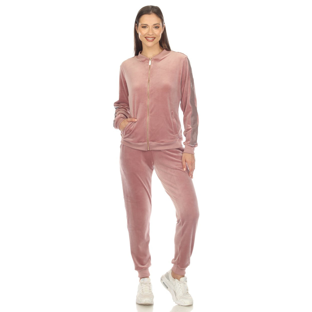 White Mark Womens Velour Tracksuit Set Faux Leather Stripe 2-Piece Comfort Fit Image 3