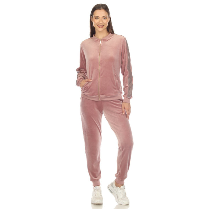 White Mark Womens Velour Tracksuit Set Faux Leather Stripe 2-Piece Comfort Fit Image 3