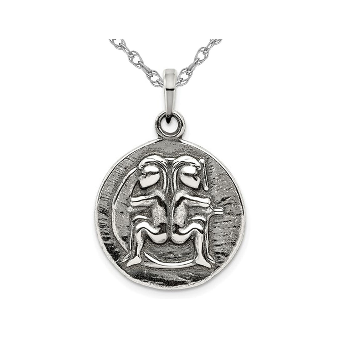Sterling Silver Antiqued GEMINI Charm Zodiac Astrology Pendant Necklace with Chain Image 1
