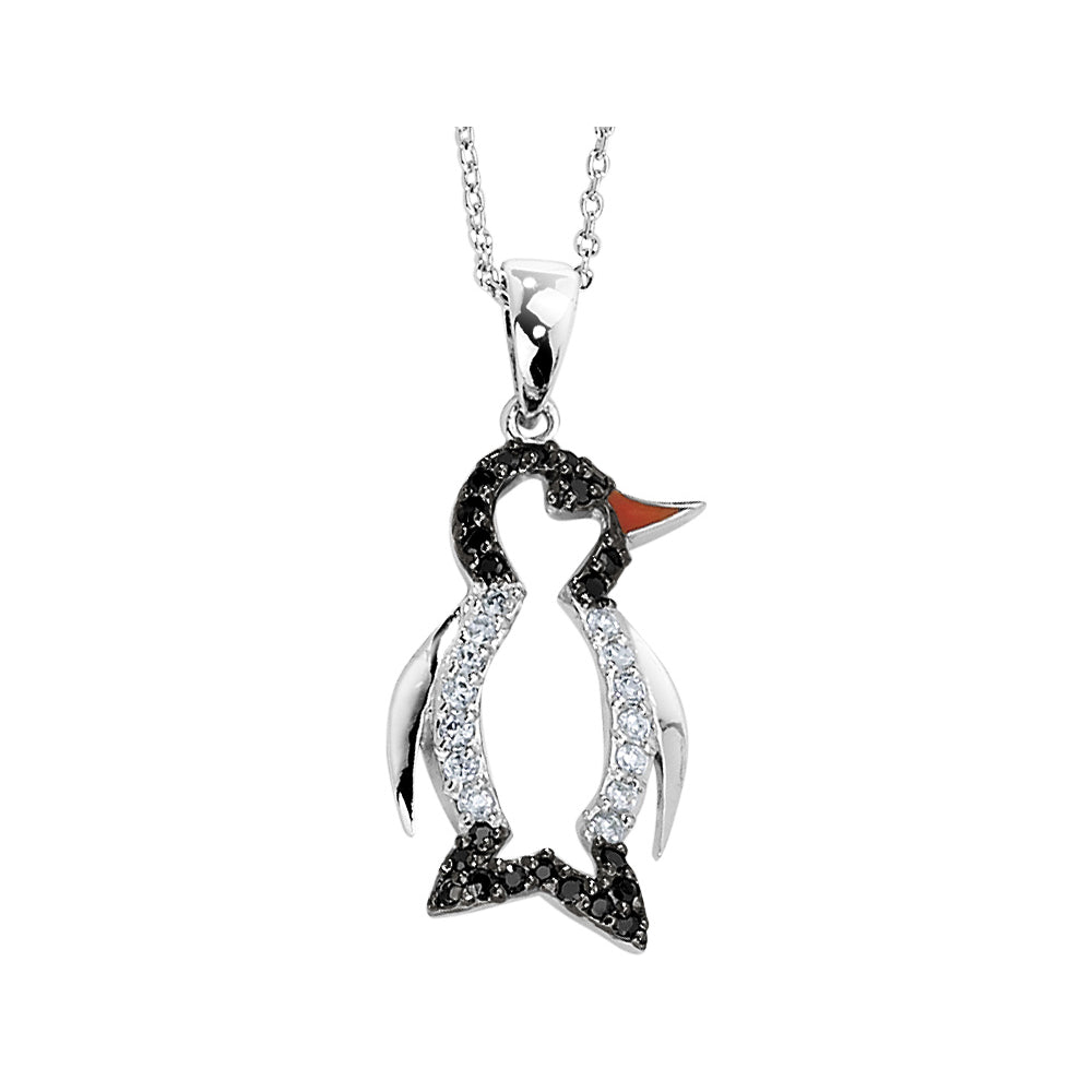 Sterling Silver Penguin Charm Pendant Necklace with Black and White Synthetic Cubic Zirconia (CZ)s Image 1