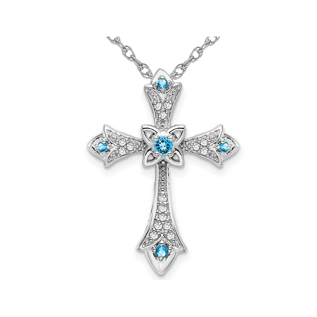 1/10 Carat (ctw) Blue Topaz Cross Pendant Necklace with Diamonds in 10K White Gold with Chain Image 1
