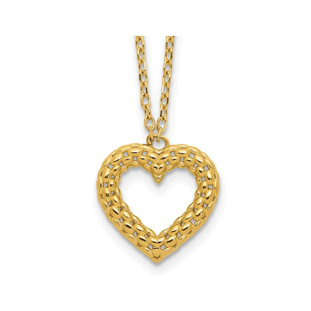14K Yellow Gold Polished Textured Heart Pendant Necklace and Chain Image 1