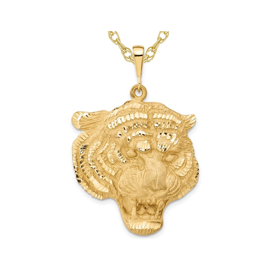 14K Yellow Gold Polished Tigers Head Pendant Necklace with Chain Image 1