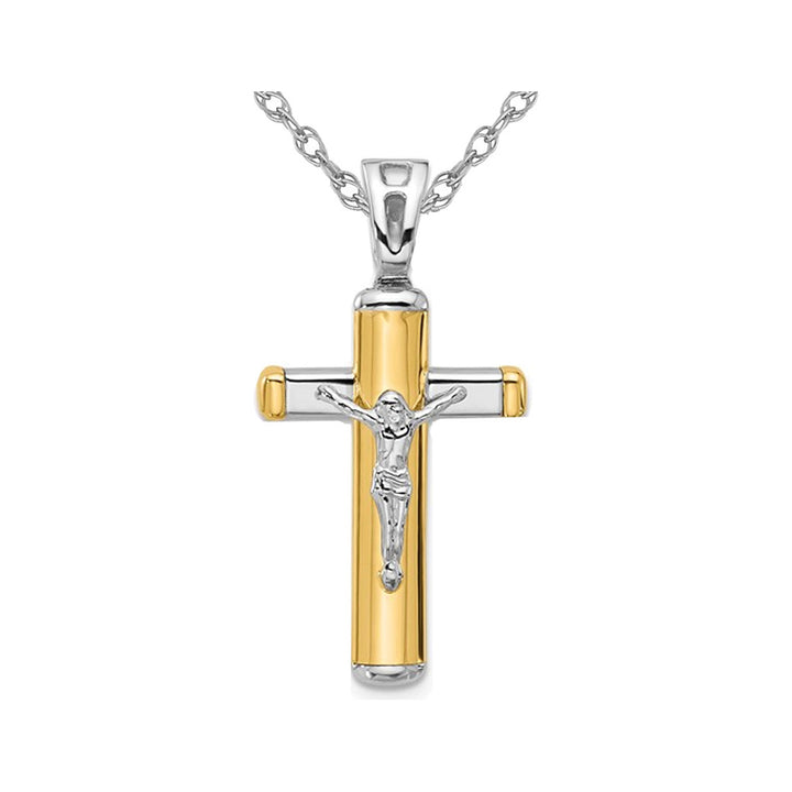 14K Yellow and White Gold Cross Polished Crucifix Pendant Necklace with Chain Image 1