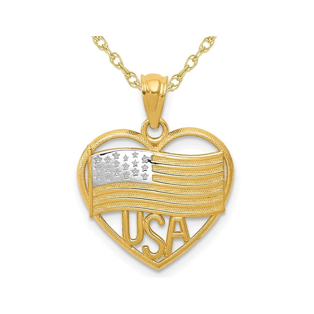14K Yellow Gold Heart Shaped American Flag USA Charm Pendant Necklace with Chain Image 1