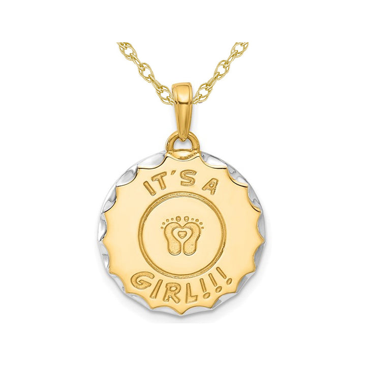 14K Yellow Gold Its A Girl Disc Pendant Necklace with Chain Image 1