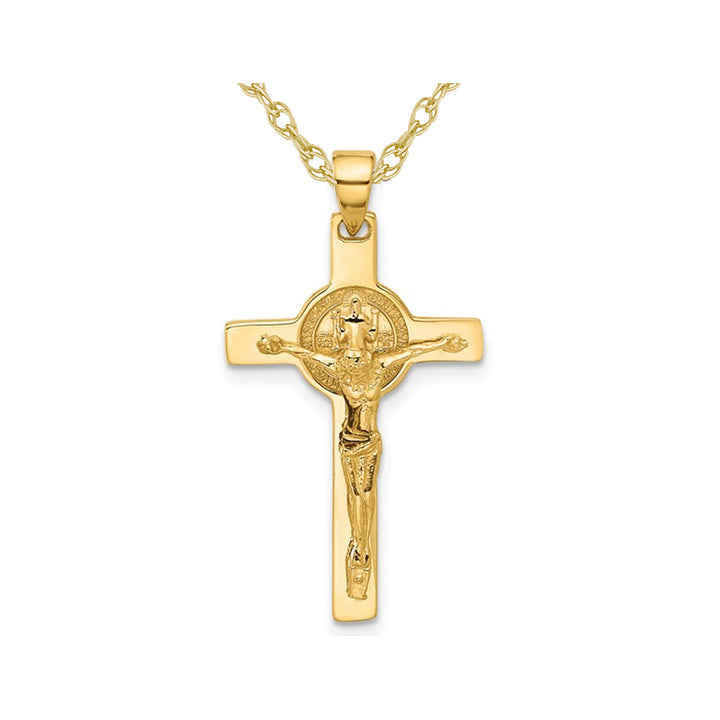 14K Yellow Gold Cross Crucifix and St Benedict Pendant Necklace with Chain Image 1