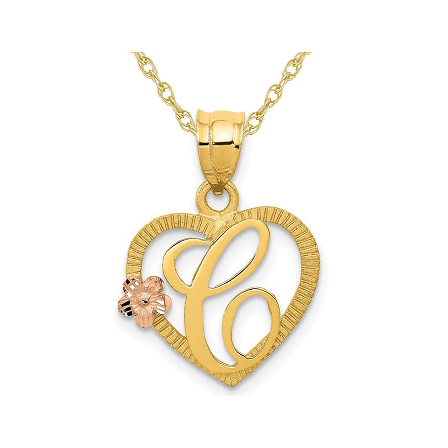 14K Yellow Gold Initial -C- Heart Necklace Pendant Charm with Chain Image 1