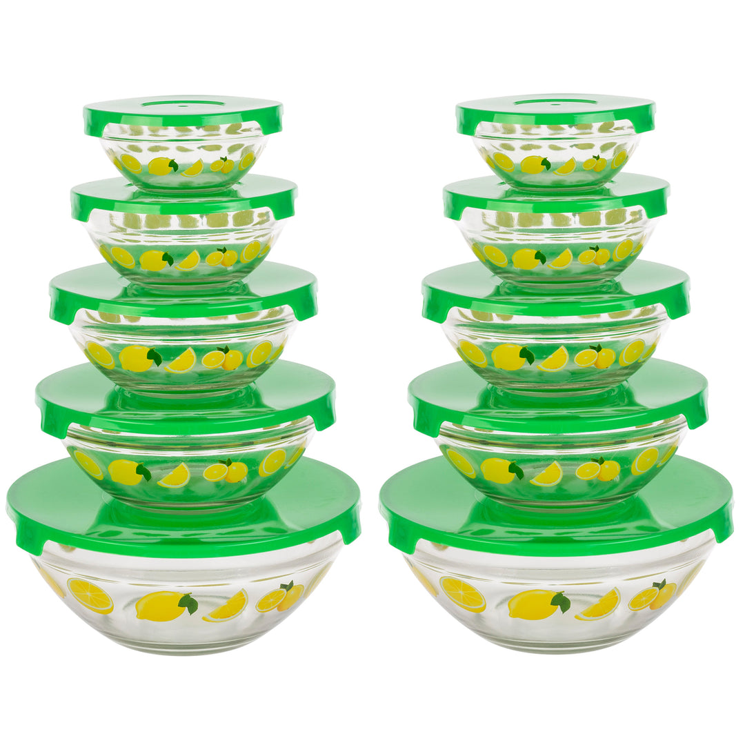 20-Piece Glass Mixing Bowls Set with Lids Lemon Design Multiple Sizes Storage Image 1