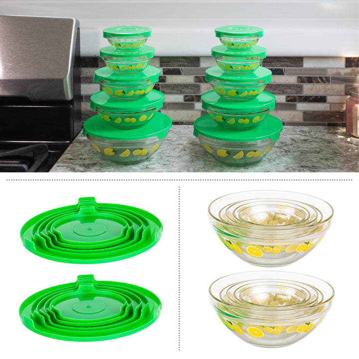 20-Piece Glass Mixing Bowls Set with Lids Lemon Design Multiple Sizes Storage Image 3