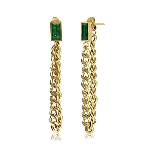 Dangle Chain Earrings with Cubic Zirconia Emerald - 18K Gold Plated Stainless Steel - 80mm - Great for Your Date Night - Image 3