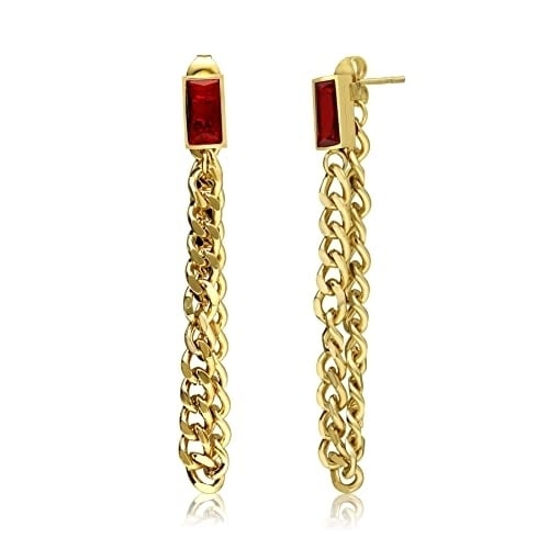 Dangle Chain Earrings with Cubic Zirconia Emerald - 18K Gold Plated Stainless Steel - 80mm - Great for Your Date Night - Image 4