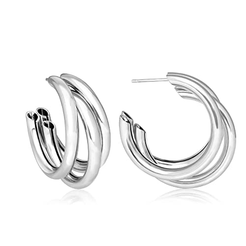 Triple Chunky Hoop Earrings 14K Gold Plated 30mm Diameter Perfect for Any Occasion Image 1