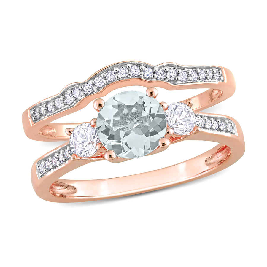 3/4 Carat (ctw) Aquamarine and Lab-Created White Sapphire Bridal Wedding Set Ring in 10K Pink Gold with Diamonds Image 1