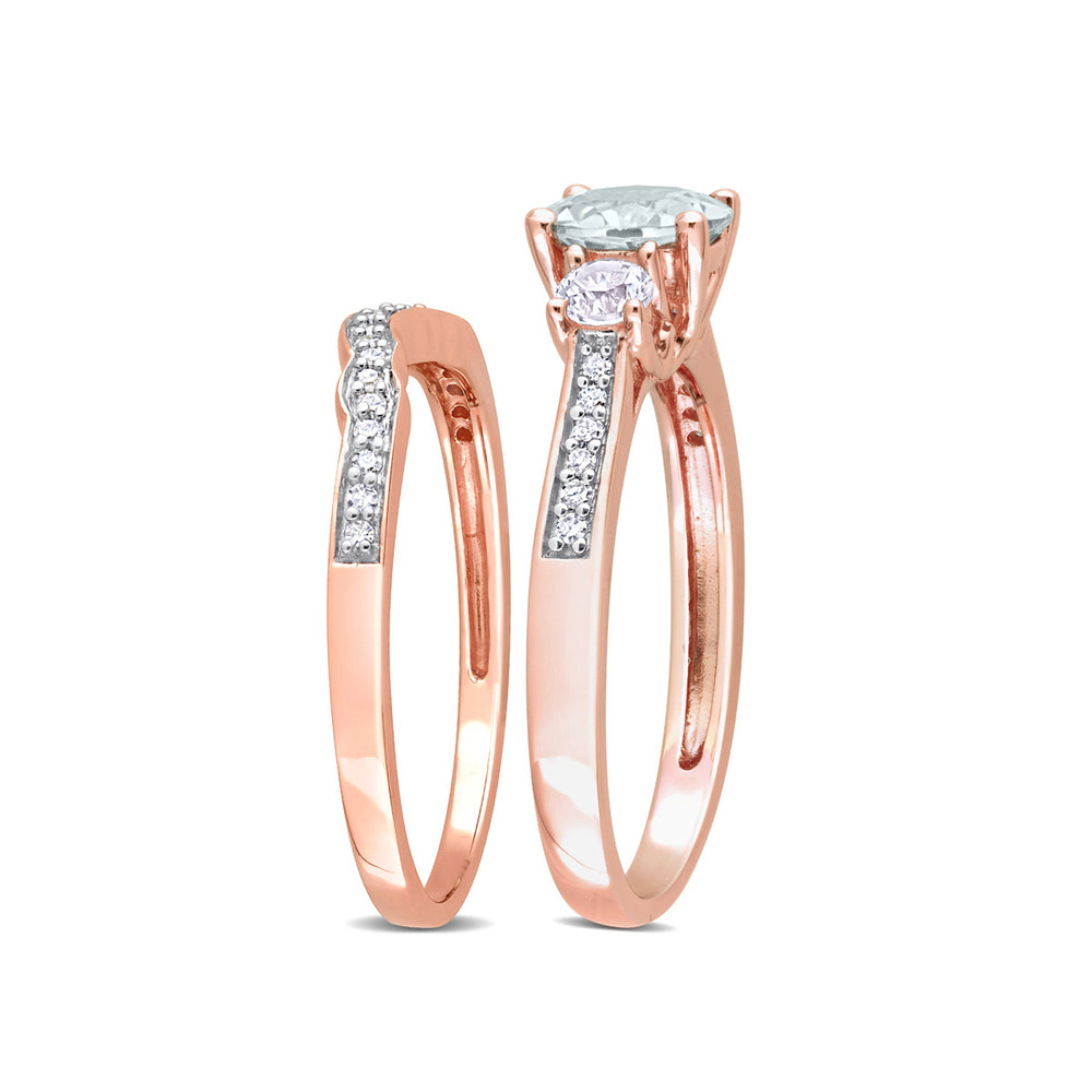 3/4 Carat (ctw) Aquamarine and Lab-Created White Sapphire Bridal Wedding Set Ring in 10K Pink Gold with Diamonds Image 2