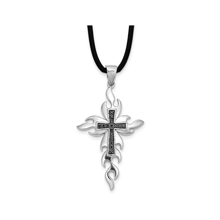 Sterling Silver Cross Pendant Necklace with Black Accent Diamonds and Cord Image 1