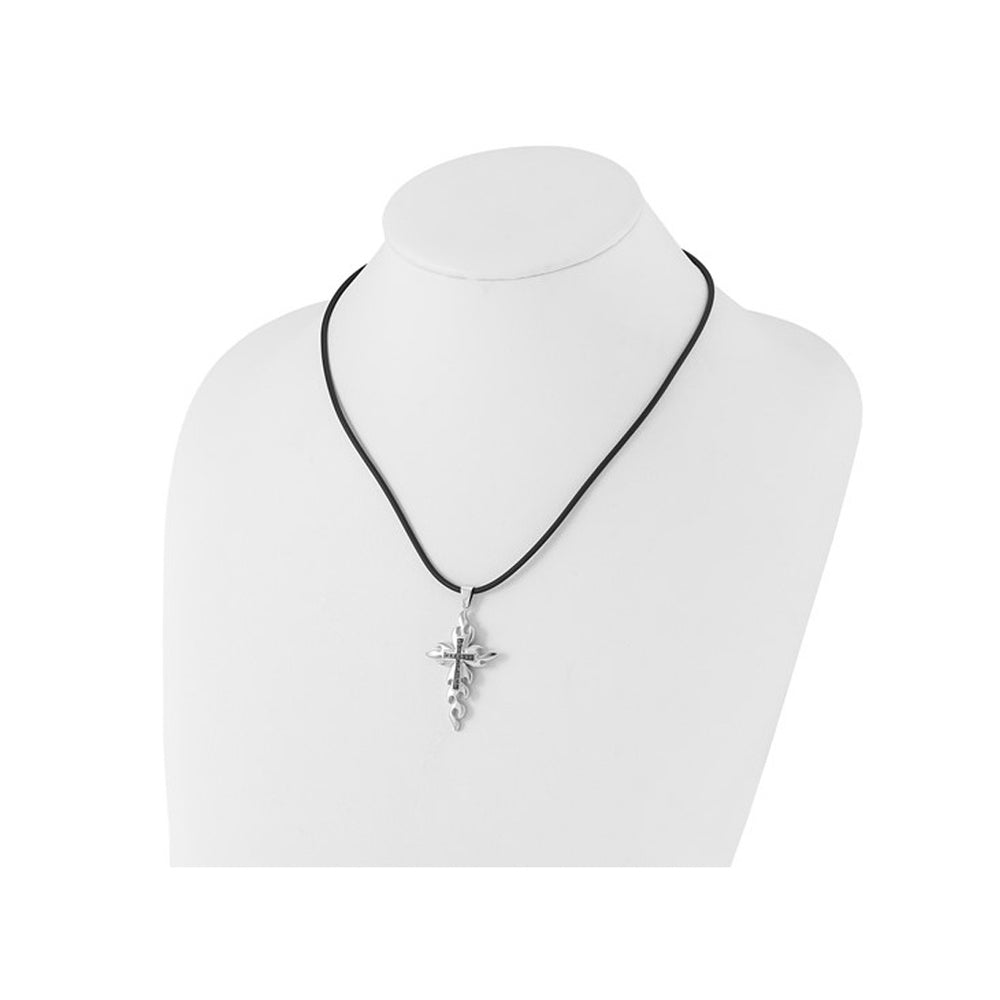 Sterling Silver Cross Pendant Necklace with Black Accent Diamonds and Cord Image 2
