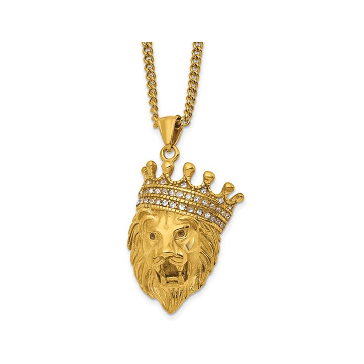 Stainless Steel Polished Lion Head with Crown Charm Pendant Necklace with Chain Image 1