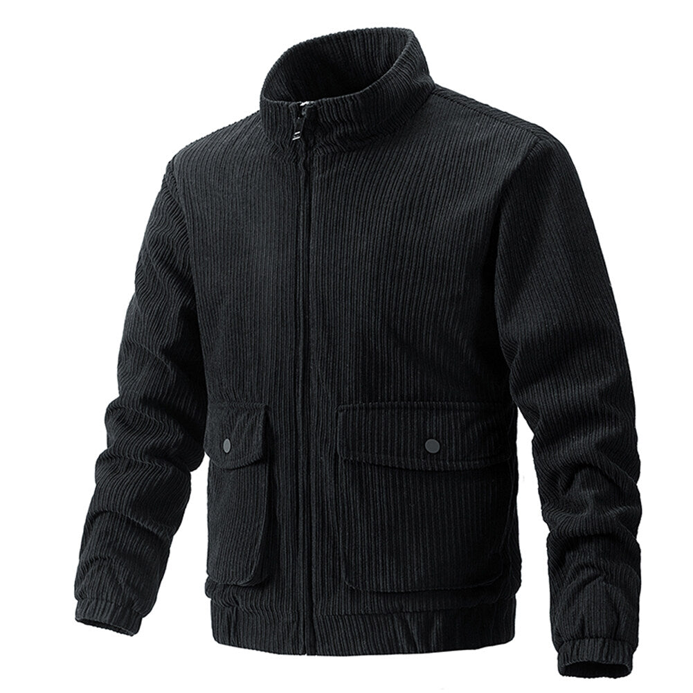 Cloudstyle Mens Jacket Stand Collar Solid Color Striped Warm Winter Coat Zipper Closure Image 1