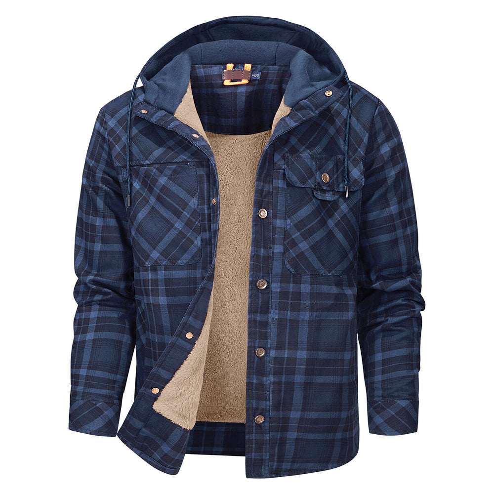 Cloudstyle Mens Hooded Jacket Plaid Single-Breasted Warm Winter Coat Image 2