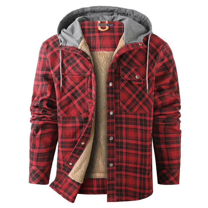 Cloudstyle Mens Hooded Jacket Plaid Single-Breasted Warm Winter Coat Image 1