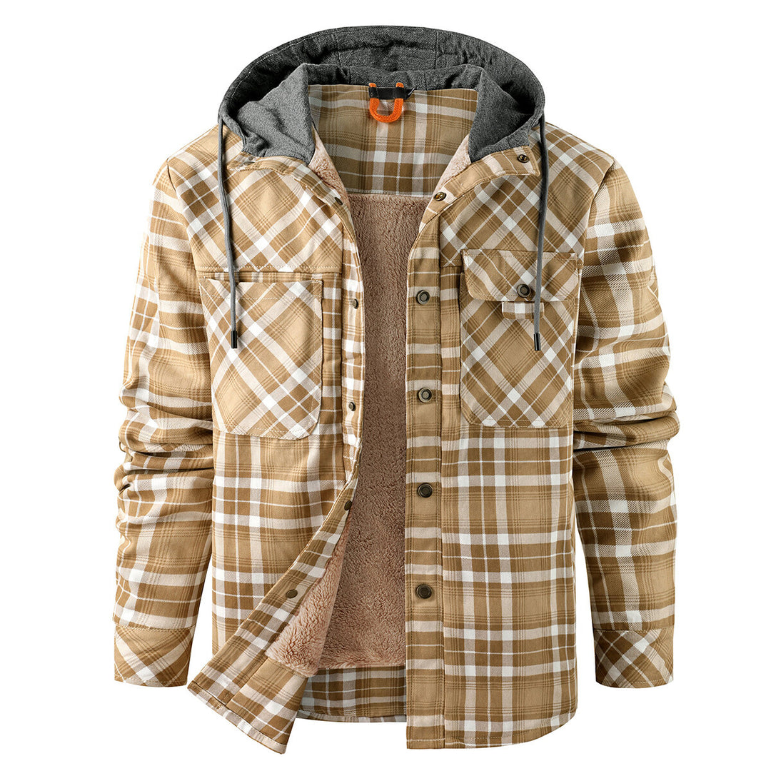 Cloudstyle Mens Hooded Jacket Plaid Single-Breasted Warm Winter Coat Image 1
