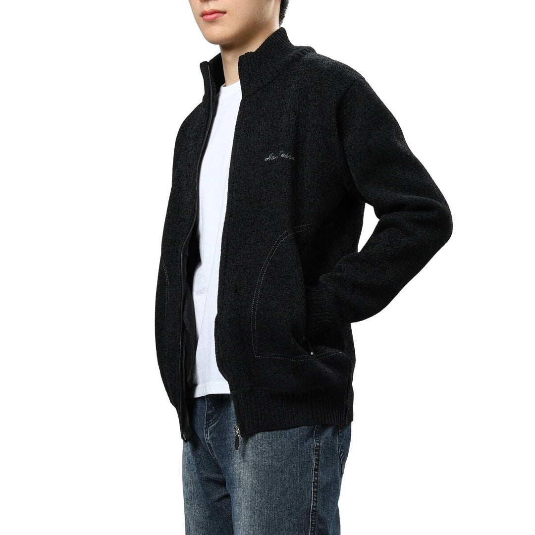 Cloudstyle Mens Cardigan Stand Collar Long Sleeve Fleece Zip-up Solid Color Sweater Warmth Image 1