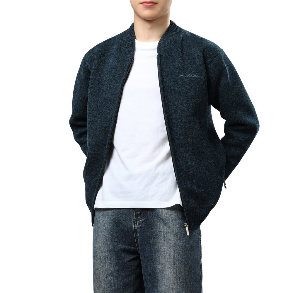 Cloudstyle Men Stand Collar Zip-up Cardigan Long Sleeve Fleece Lined Solid Color Sweater Warm Outerwear Image 2