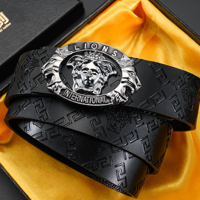 Hairdresser Men Women Smooth Lion Letter Buckle Medusa Leather Belt Image 2