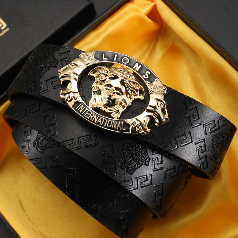 Hairdresser Men Women Smooth Lion Letter Buckle Medusa Leather Belt Image 1