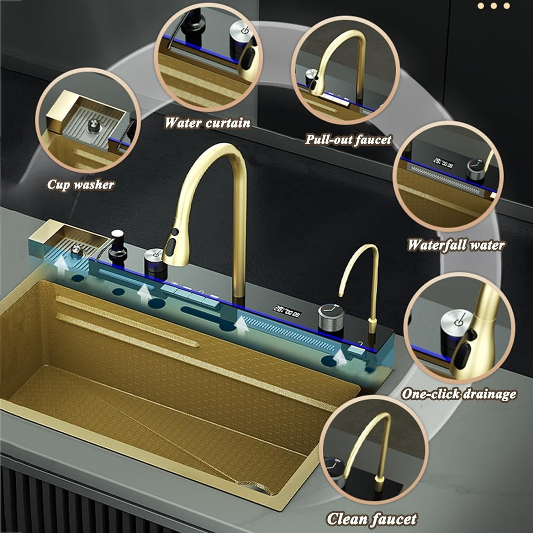 Nano Gold Integrated Sink 29.5 Inch with Pull-Out Tap 5 Water Modes Stainless Steel Image 2