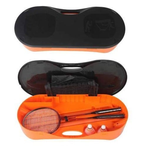 Portable Badminton Net Set Storage Box Base with 2 Battledores 2 Shuttlecocks Large Orange Image 1