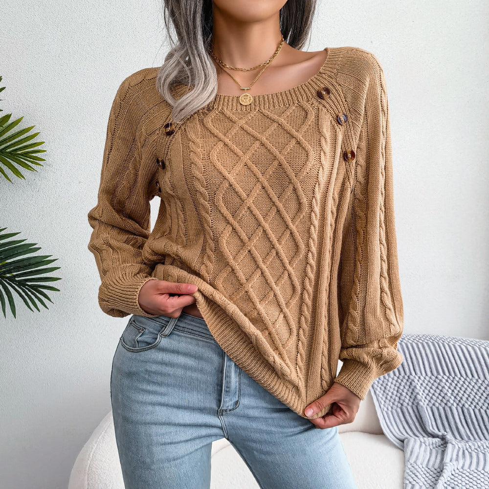 Solid Cable Knit Sweater Casual Crew Neck Long Sleeve Sweater Womens Clothing Image 1