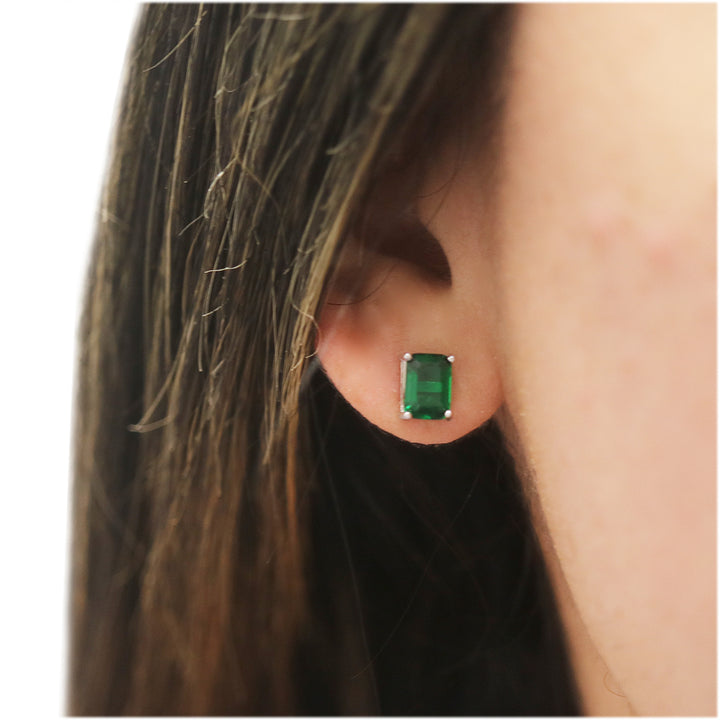 925 Sterling Silver Emerald Cut Emerald Stud Earrings 7 x 5MM Image 3