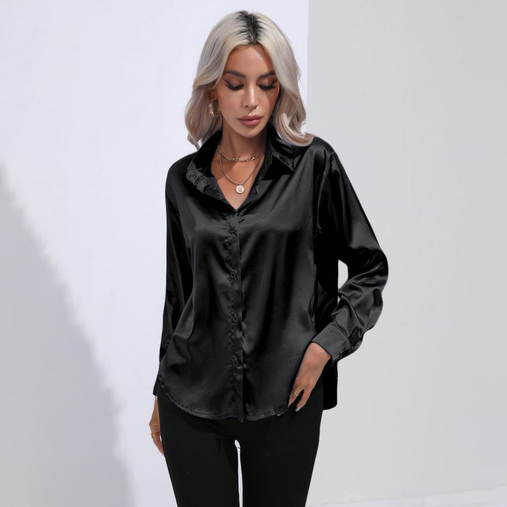 Solid Smoothly Shirt Elegant Button Front Turn Down Collar Long Sleeve Shirt Womens Clothing Image 2