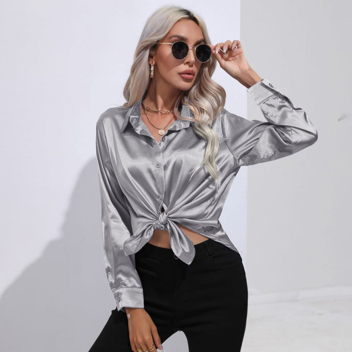 Solid Smoothly Shirt Elegant Button Front Turn Down Collar Long Sleeve Shirt Womens Clothing Image 1