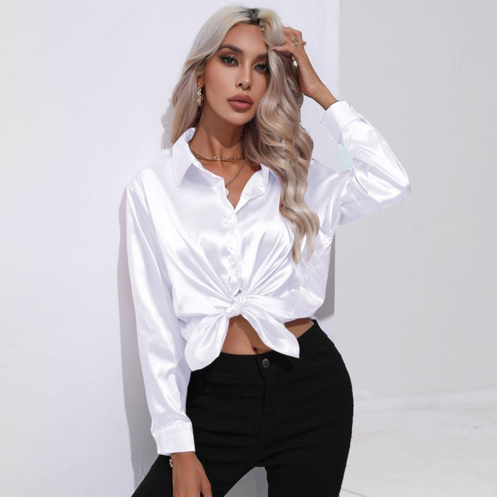 Solid Smoothly Shirt Elegant Button Front Turn Down Collar Long Sleeve Shirt Womens Clothing Image 3