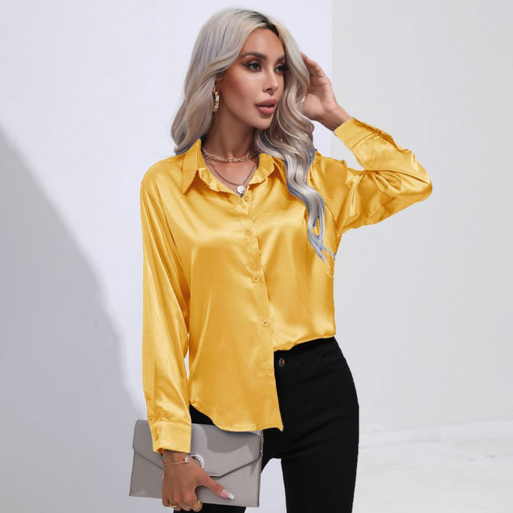 Solid Smoothly Shirt Elegant Button Front Turn Down Collar Long Sleeve Shirt Womens Clothing Image 1