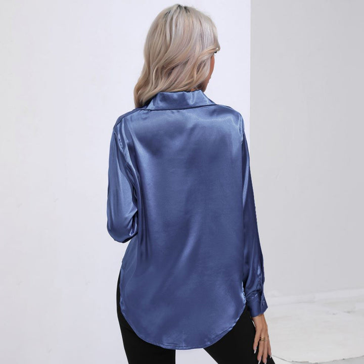 Solid Smoothly Shirt Elegant Button Front Turn Down Collar Long Sleeve Shirt Womens Clothing Image 1