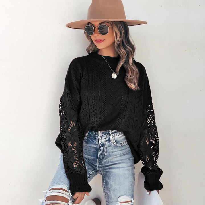 Lace Eyelet Knit Sweater Casual Crew Neck Long Sleeve Sweater Womens Clothing Image 4