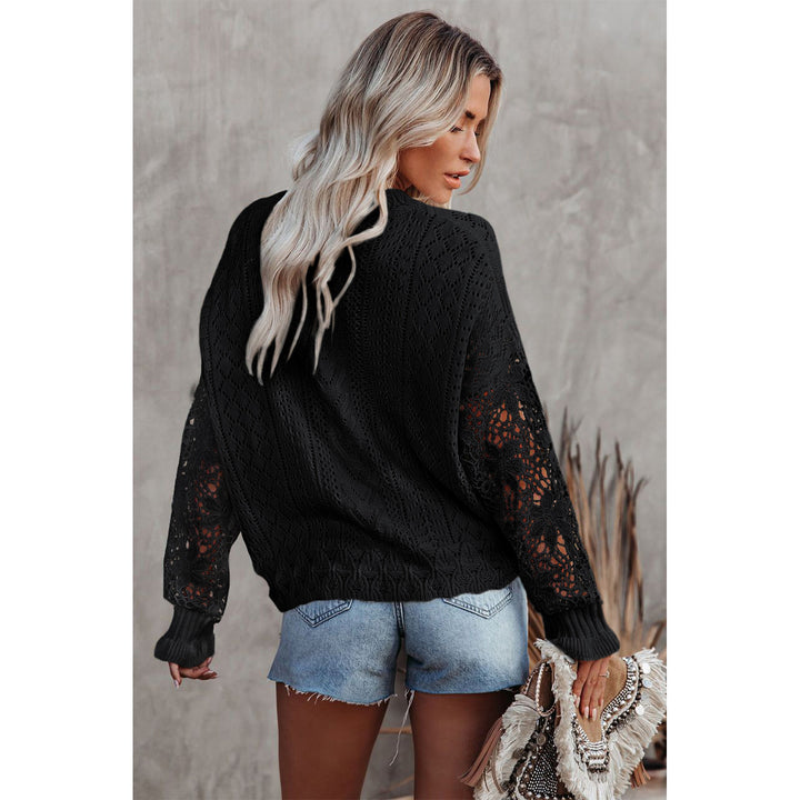 Lace Eyelet Knit Sweater Casual Crew Neck Long Sleeve Sweater Womens Clothing Image 1